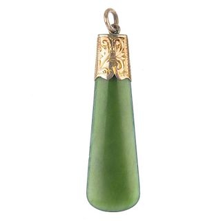 A nephrite pendant and French jet earrings. The pear-shape pendant with engraved cap, together with