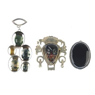 A selection of gem-set jewellery. To include a Blue John pendant, the pear-shape piece pin-set and s