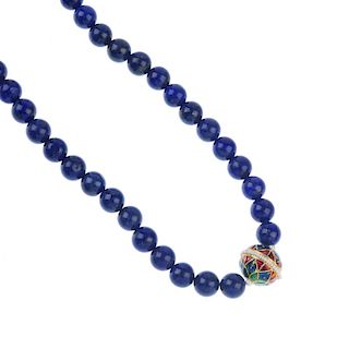 Three items of treated lapis lazuli jewellery. To include a necklace, the spherical lapis lazuli bea