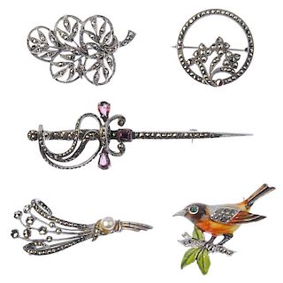 A selection of marcasite jewellery. To include a brooch in the shape of a bird on a branch, with bro