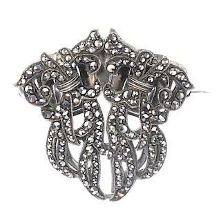 Twenty-three items of marcasite jewellery. To include a double clip, together with a brooch in the s
