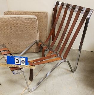 MID CENTURY CHROMED FLAT STEEL FRAME CHAIR W/ LEATHER STRAP SUPPORTS (SOME BROKEN STRAPS)