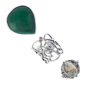 A selection of gem-set jewellery. To include twenty-four rings one with a pear-shape malachite and t
