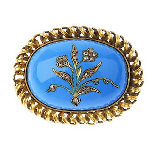 A single-cut diamond and enamel brooch. The oval-shape brooch with blue enamel central panel set wit