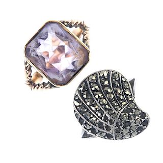 An early 20th century 9ct gold amethyst ring and a marcasite ring. The amethyst ring with rectangula