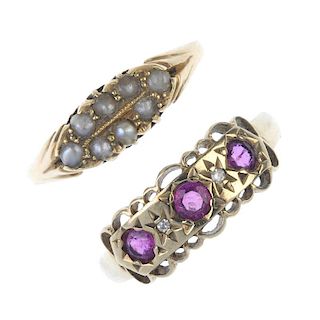 Two gem-set rings. The first with split pearls set in an oval shape to the stylised foliate shoulder