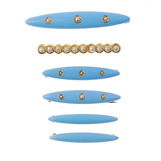 Six enamel and split pearl brooches. To include five marquise shape bar brooches, each with blue ena
