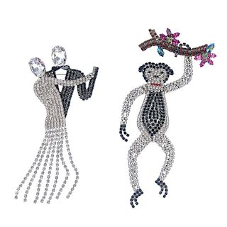 BUTLER & WILSON - six brooches. One designed as a monkey set with colourless and black pastes, hangi