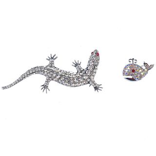 BUTLER & WILSON - four items of jewellery. To include a brooch designed as a lizard, set with colour