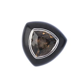SANALITRO - a wood and smoky quartz ring. The dark hardwood mount and band designed in a triangular