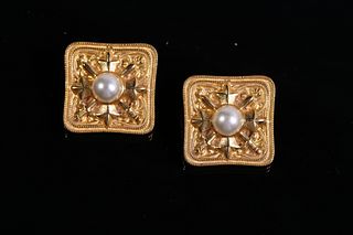 A pair of squared Ben-amun vintiage gold and pearl ear clips