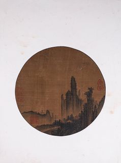 A Chinese landscape silk scroll painting