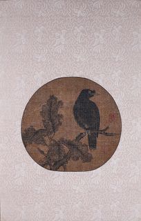 A Chinese magpie and plum blossom silk scroll painting
