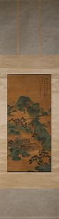 A Chinese landscape silk scroll painting, Dong Bangda mark