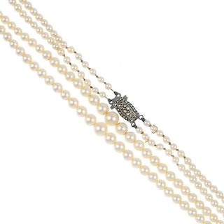 A cultured pearl necklace, together with a selection of imitation pearl necklaces. The cultured pear