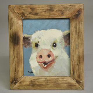 Framed oil painting of piglet