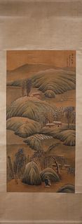 A Chinese landscape silk scroll painting, Yangjin mark