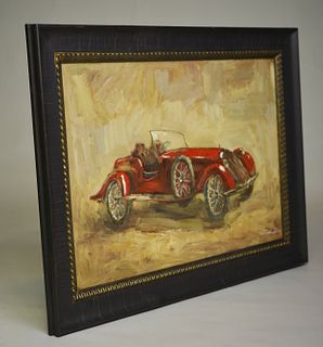 Classic car oil painting in frame