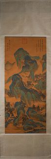 A Chinese landascape silk scroll painting, Ke Jiusi mark