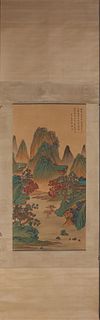 A Chinese landascape silk scroll painting, Dong Bangda mark