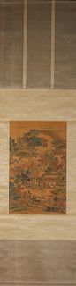 A Chinese figure silk scroll painting, Wenjia mark