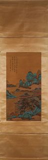 A Chinese landscape silk scroll painting, Wen Zhengming mark