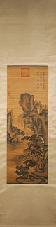 A Chinese landscape silk scroll painting, Wen Zhengming mark