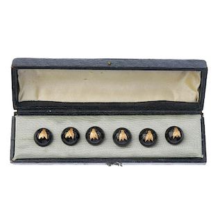 A set of six late 19th century tortoiseshell pique buttons. Each designed as a tortoiseshell dome, w