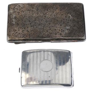 Two silver cigarette cases. Both of rectangular outline, the first with acanthus engraving to the fr