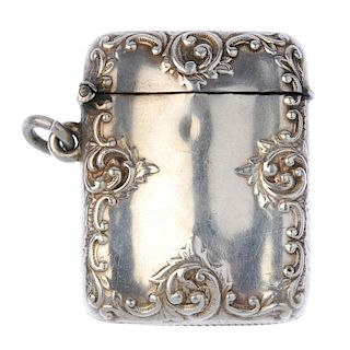 A late Victorian silver vesta case. Of rectangular-shape outline, with foliate embossed border. Make