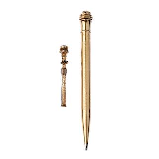 A toothpick and a pencil. The toothpick designed as a hexagonal profile, engraved with foliate patte