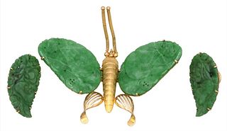 14 Karat Gold Butterfly Brooch, having jade wings,  