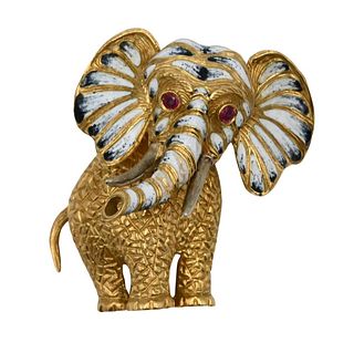 18 Karat Gold Elephant Brooch, having ruby eyes and enameling, signed Emile Kronberg, 1 5/8 inches, 23.8 grams.