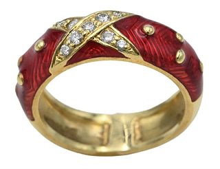 Hidalgo 18 Karat Gold Band, having red enameling and "X" of diamonds, size 5 1/2, 7.6 grams.