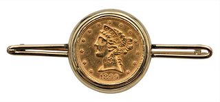 14 Karat Brooch Set, mounted with 1899 five dollar Liberty gold coin, 16.3 grams.