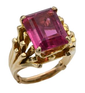 14 Karat Gold Ring, set with emerald cut pink stone, size 6, 11.8 grams.