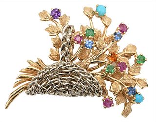 Forum Jewelry 14 Karat Gold Brook Basket of Flowers, having multicolor stones, length 1 5/8 inches, 12.4 grams.