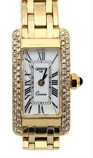 Geneve Italy 14 Karat Gold Ladies Wristwatch, having rectangular face flanked by diamonds, total weight 41.3 grams.