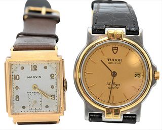 Two Wristwatches, to include 14 Karat Gold Square Marvin Men's Wristwatch; along with a Tudor men's wristwatch.