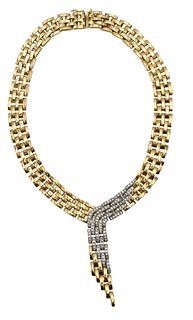 14 Karat Gold Necklace, having five rows of heavy links and center drop with diamonds, length 15 1/2 inches, 84.1 grams.