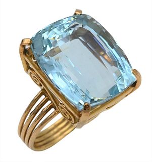 18 Karat Gold Ring, set with cushion cut aquamarine, 18.96 carats, set in scrolled undercarriage, with appraisal, size 6.