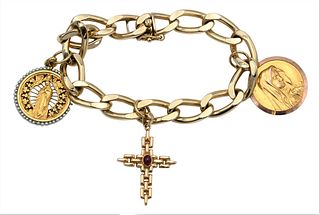 14 Karat Gold Heavy Link Bracelet, having three religious charms, 7 inches, 48 grams.