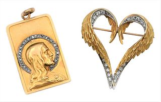 Two Piece Lot, to include a gold heart shaped brooch and religious pendant, each set with small diamonds, 14.1 grams.