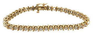 14 Karat Gold and Diamond Inline Bracelet, 42 diamonds, length 7 inches, 13.9 grams.