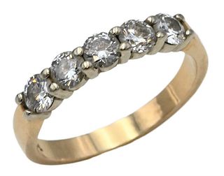 14 Karat Gold Ring, set with five diamonds across, size 7 3/4, 3.6 grams.