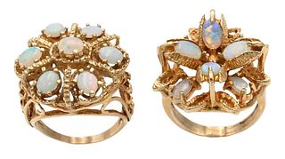 Two 14 Karat Gold Rings, each set with multiple opals, size 7 and 7 1/2, 17.9 grams.