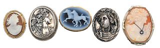 Five Piece Lot, to include two silver cameo brooches/pendants, marked 999, 1.3 t.oz.; two shell cameos, each mounted with 14 karat gold, one set with 