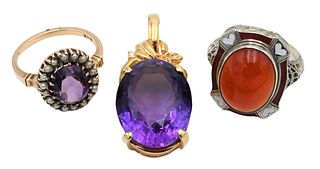 Three Piece Lot, to include 14 karat gold pendant set with oval amethyst, 14 karat white gold ring, enameled with oval cabochon cut stone, size 5 3/4,