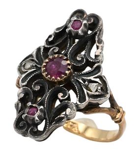 14 Karat Gold Edwardian Ring, set with rose cut diamonds and small rubies, size 6 1/4, 5.1 grams.