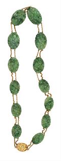 Chinese Jadeite and 14 Karat Gold Necklace, having 13 oval plaques carved with birds, marked 14 karat, length 17 inches.
